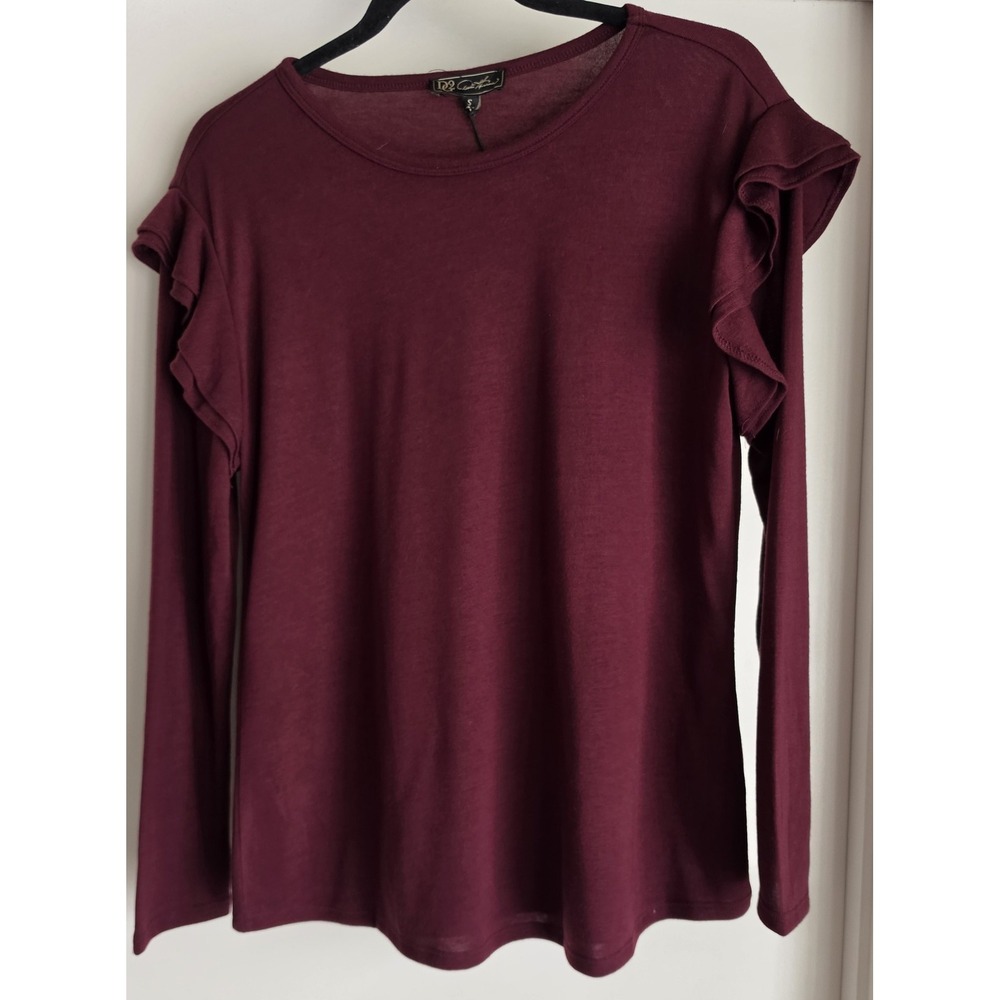 NWT DG2 Diane Gilman Blouse Size S Long Sleeve Burgundy Ruffles